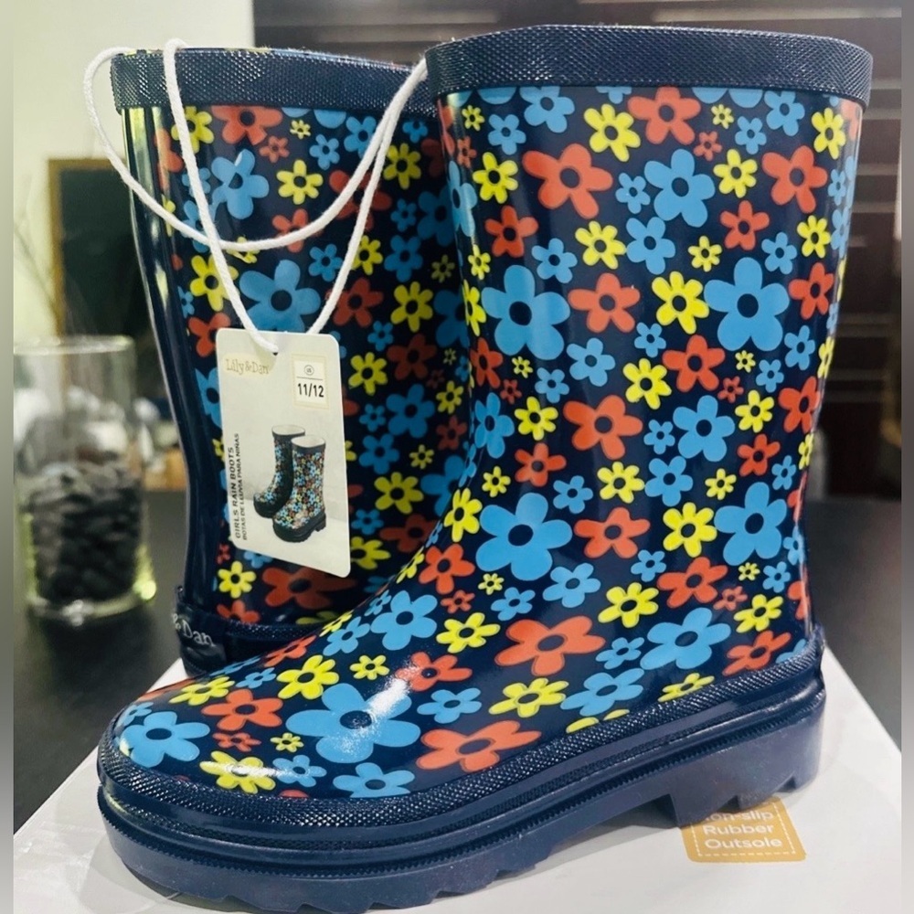 Lily & Dan Girls Kids Blue With Flowers Non-Slip Rubber Rain Boots Sz 13/1
